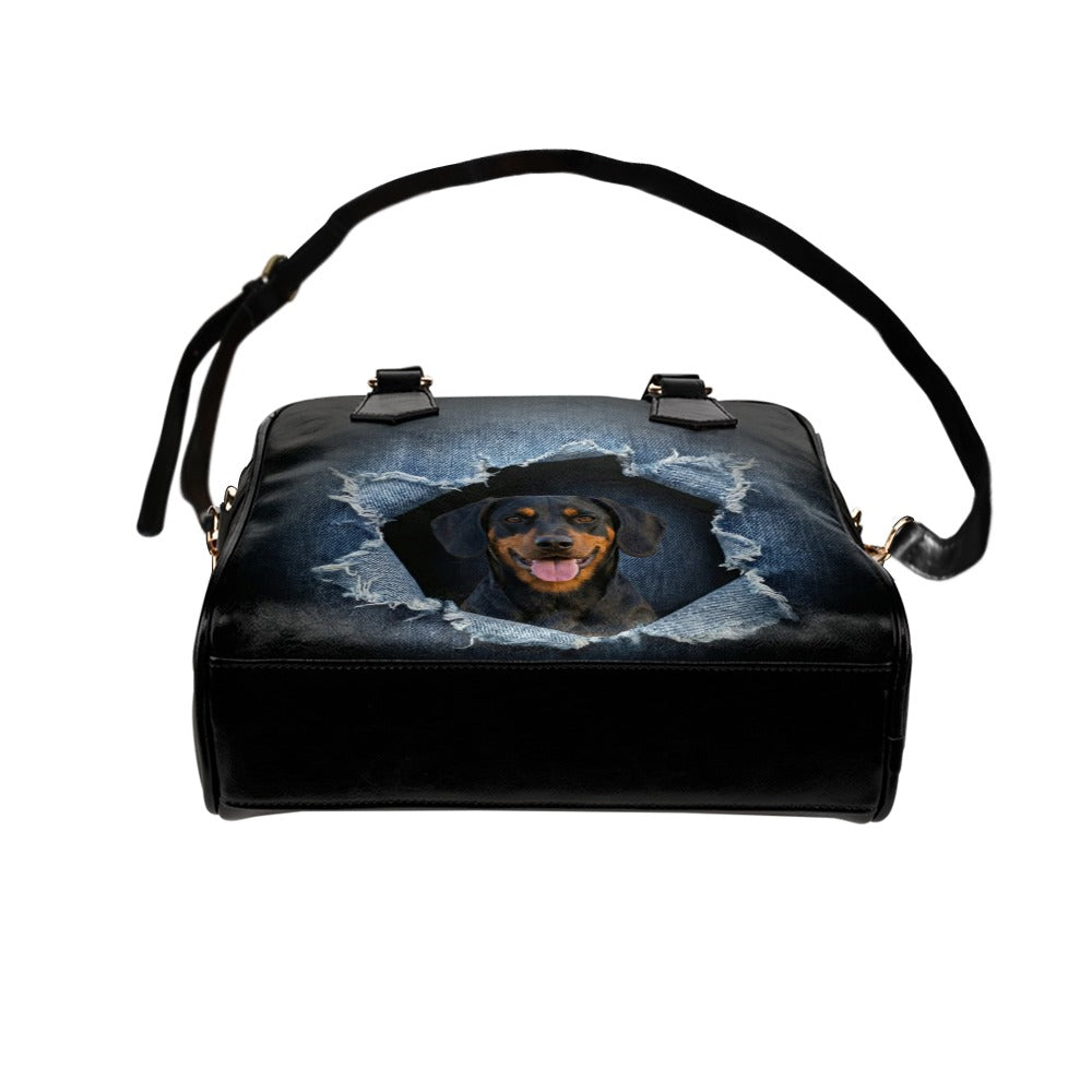 Austrian Black and Tan Hound Ripped Denim Print Shoulder Handbag