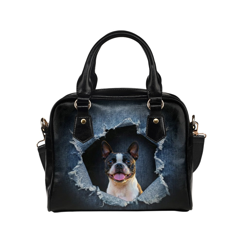 Boston Terrier Ripped Denim Print Shoulder Handbag