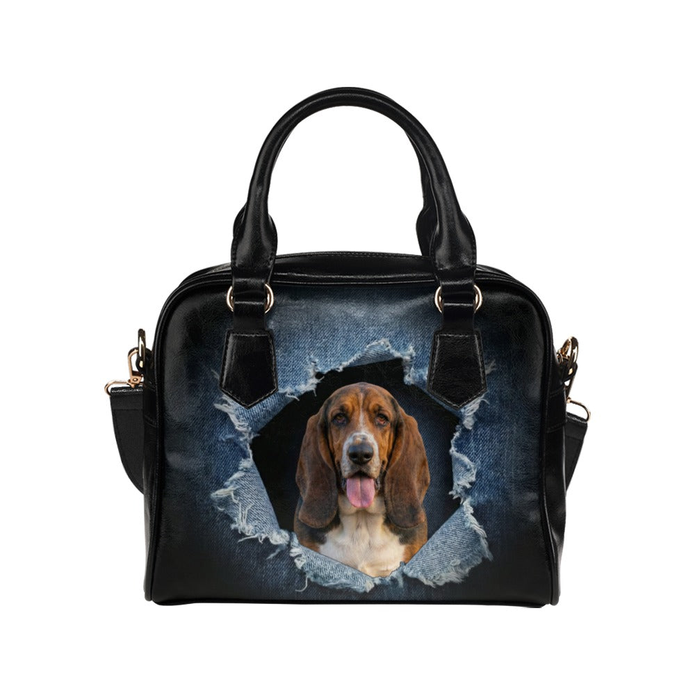 Basset Hound Ripped Denim Print Shoulder Handbag