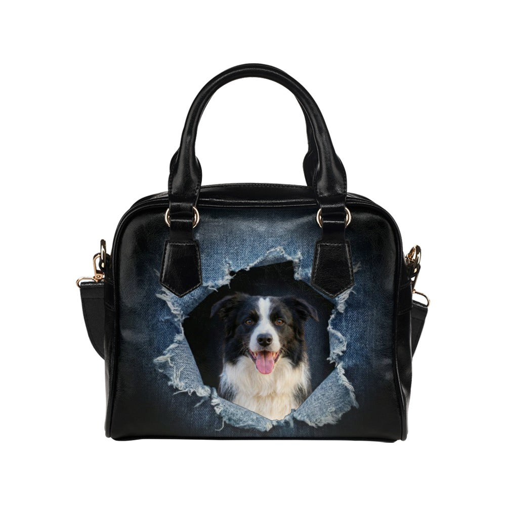 Border Collie Ripped Denim Print Shoulder Handbag