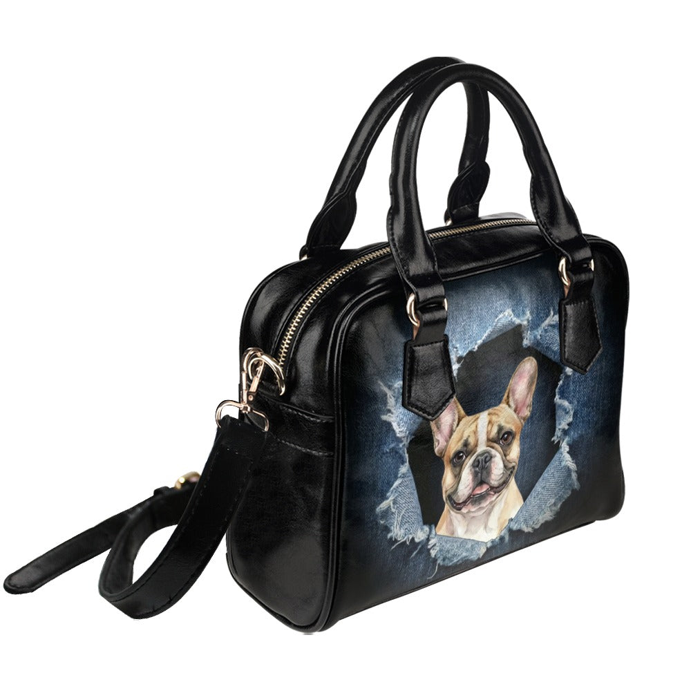 French Bulldog Ripped Denim Print Handbag Shoulder Handbag