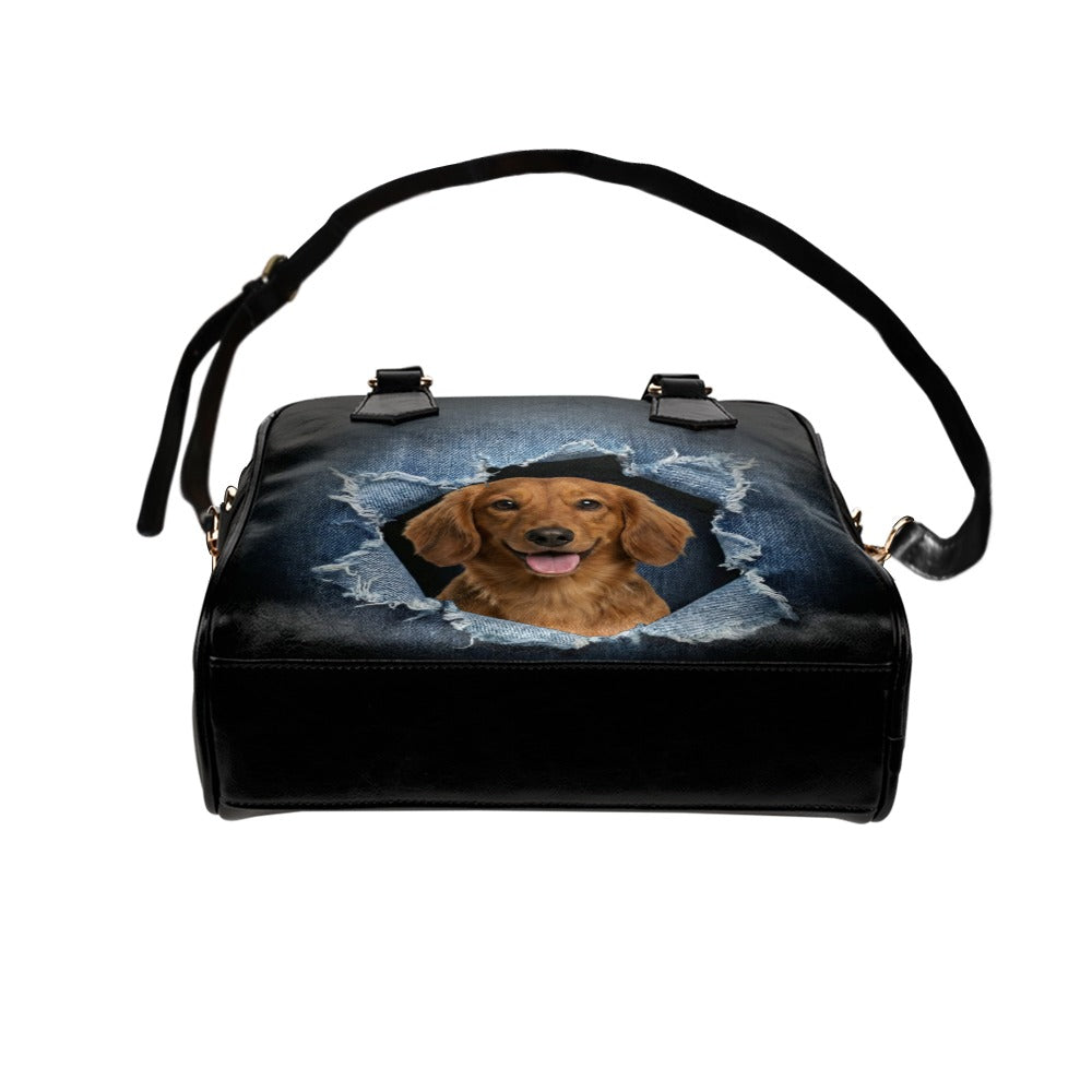 Dachshund Ripped Denim Print Shoulder Handbag