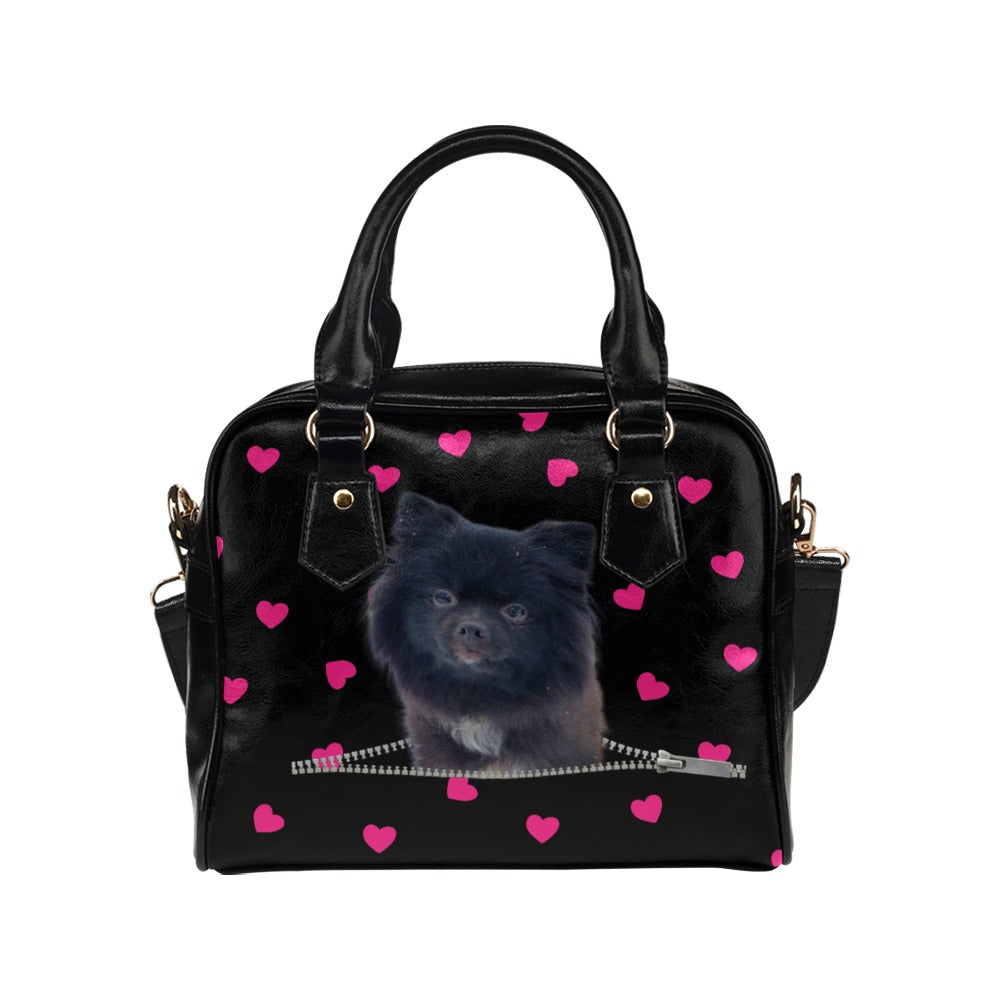 Black Pomeranian Zip Hearts Shoulder Handbag