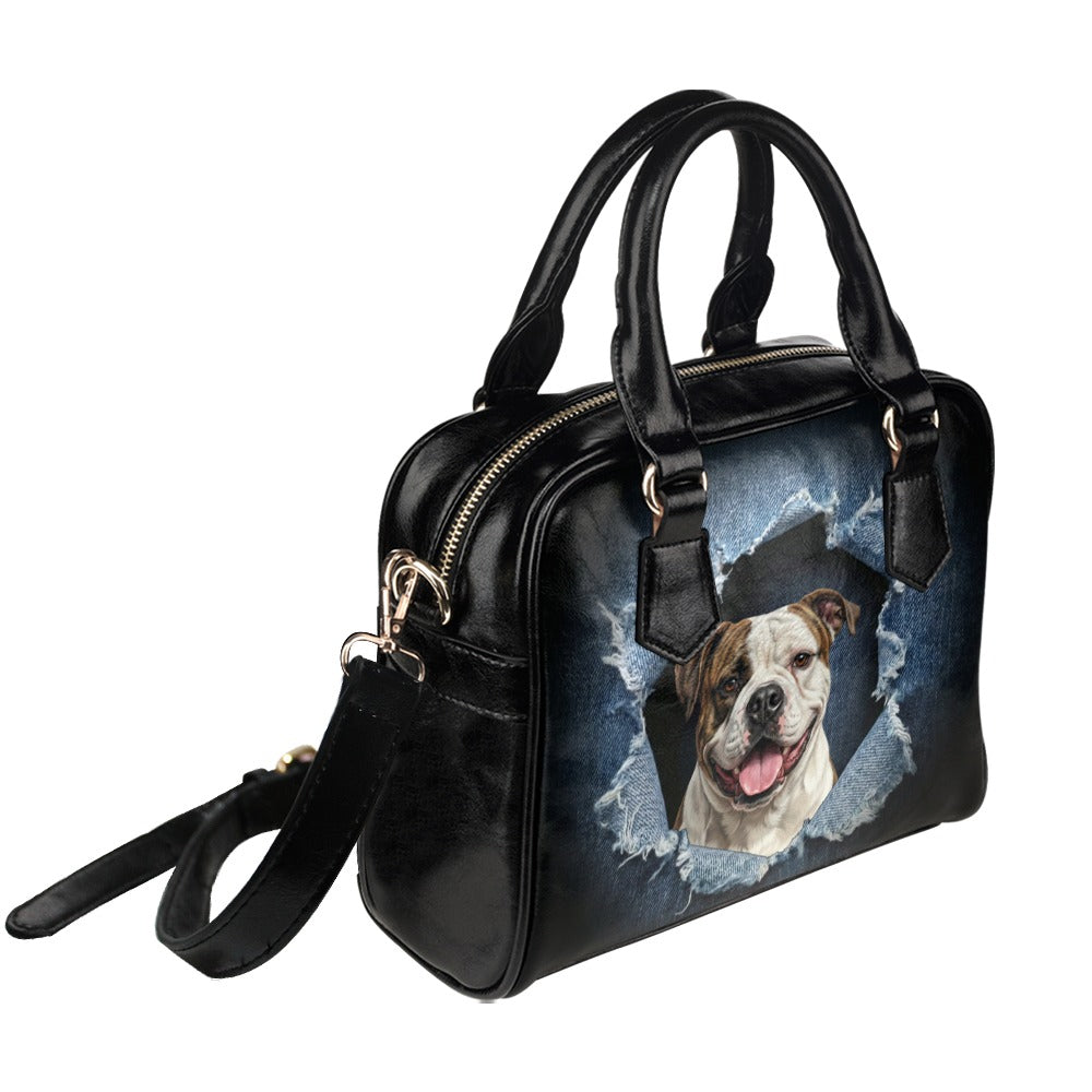 American Bulldog Ripped Denim Print Shoulder Handbag