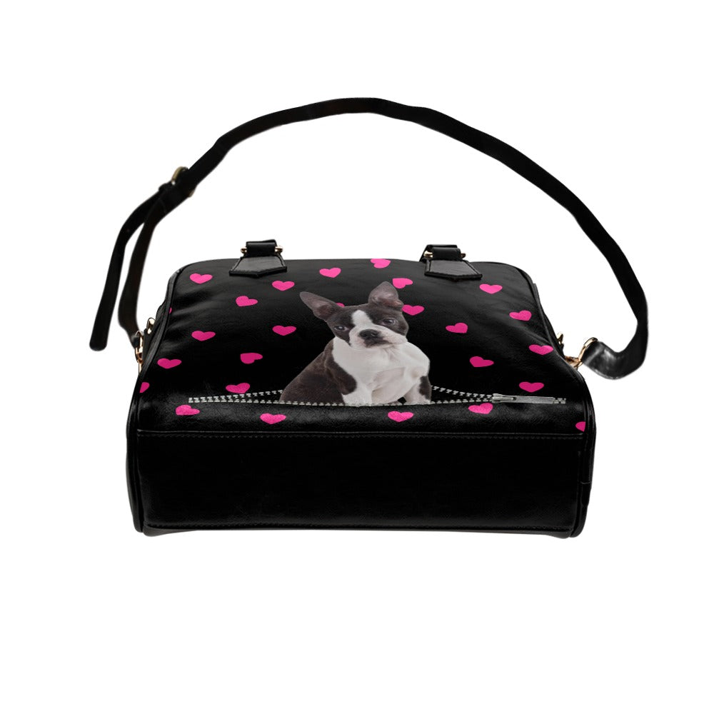 Boston Terrier Dog Zip Hearts Shoulder Handbag