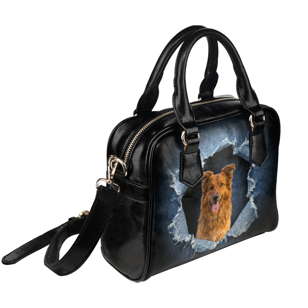 Basque Shepherd Dog Ripped Denim Print Shoulder Handbag