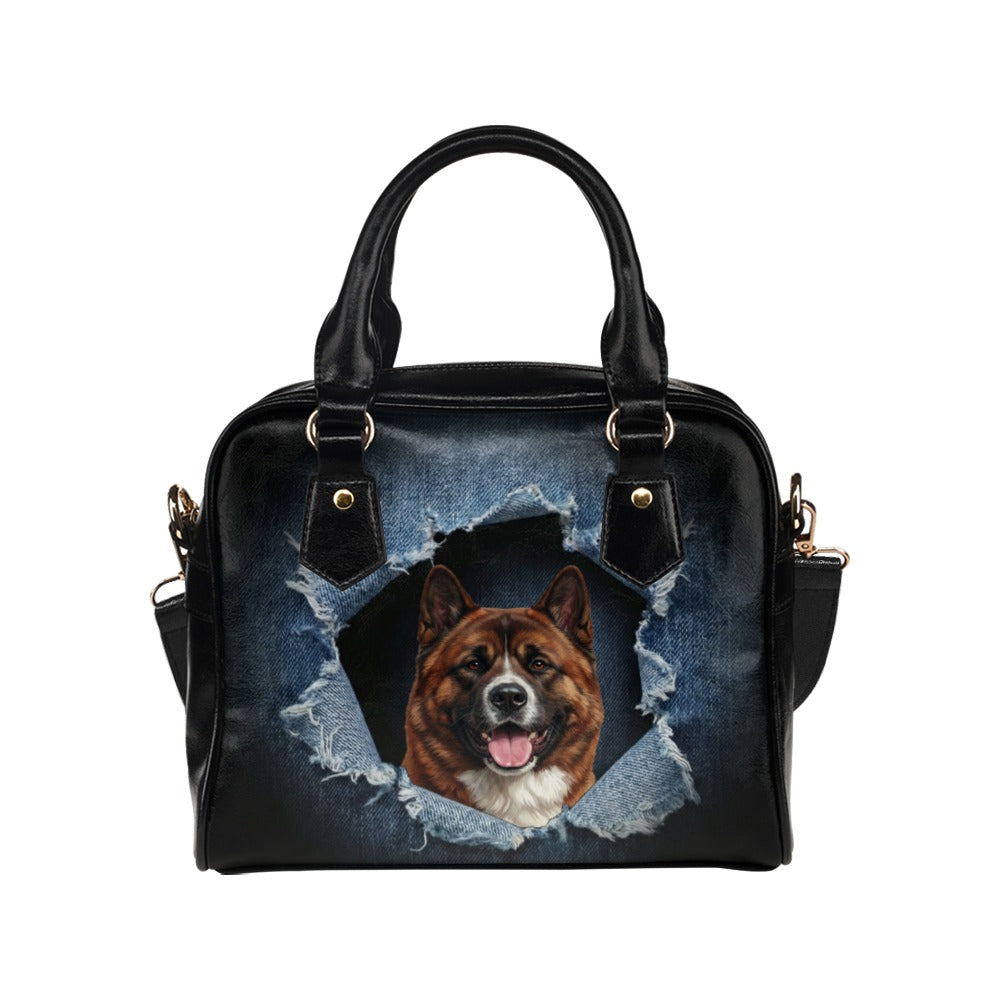 American Akita Ripped Denim Print Shoulder Handbag