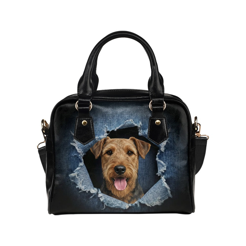 Airedale Terrier Ripped Denim Print Shoulder Handbag