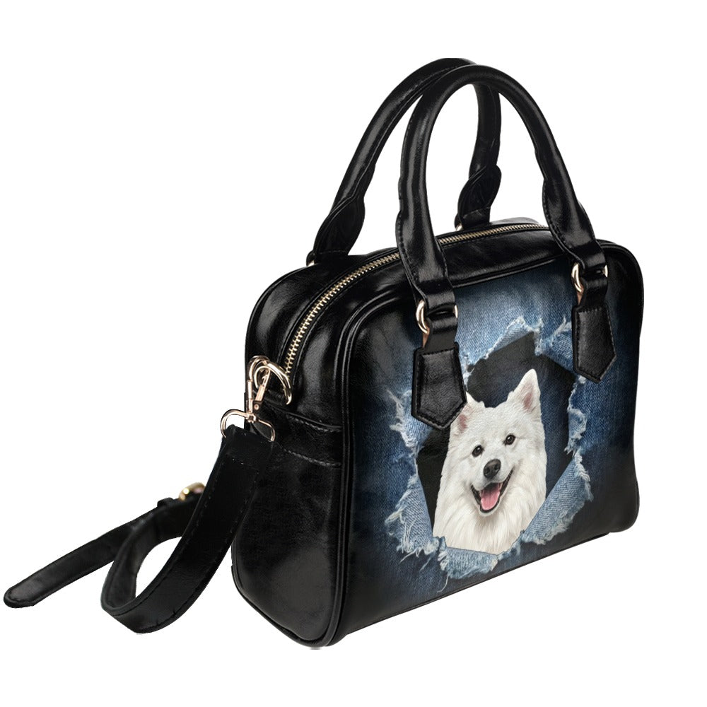 American Eskimo Dog Ripped Denim Print Shoulder Handbag