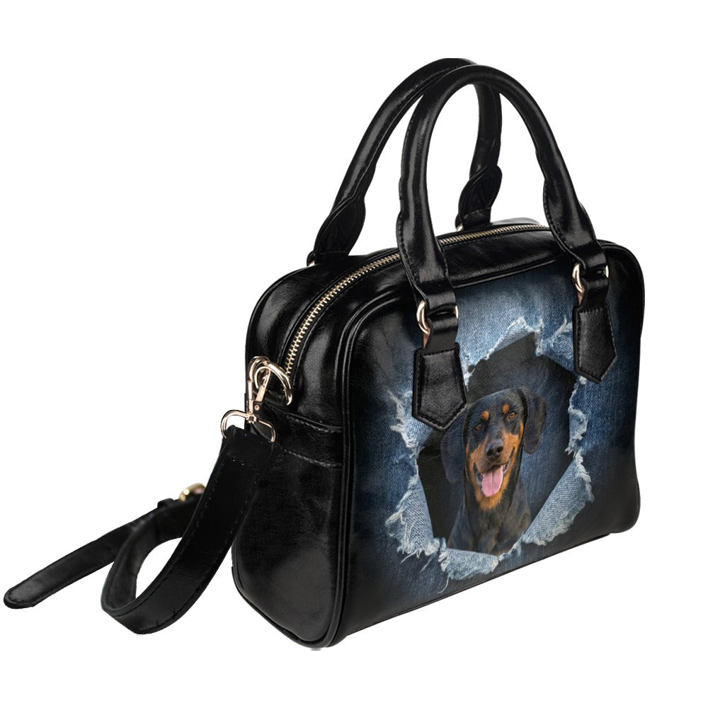 Austrian Black and Tan Hound Ripped Denim Print Shoulder Handbag