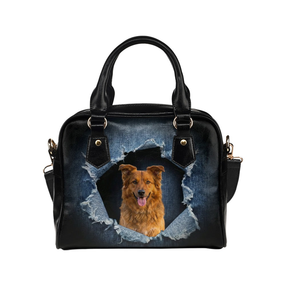 Basque Shepherd Dog Ripped Denim Print Shoulder Handbag