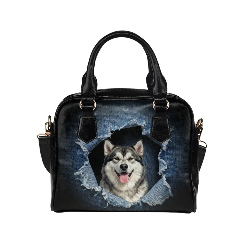 Alaskan Malamute Ripped Denim Print Shoulder Handbag