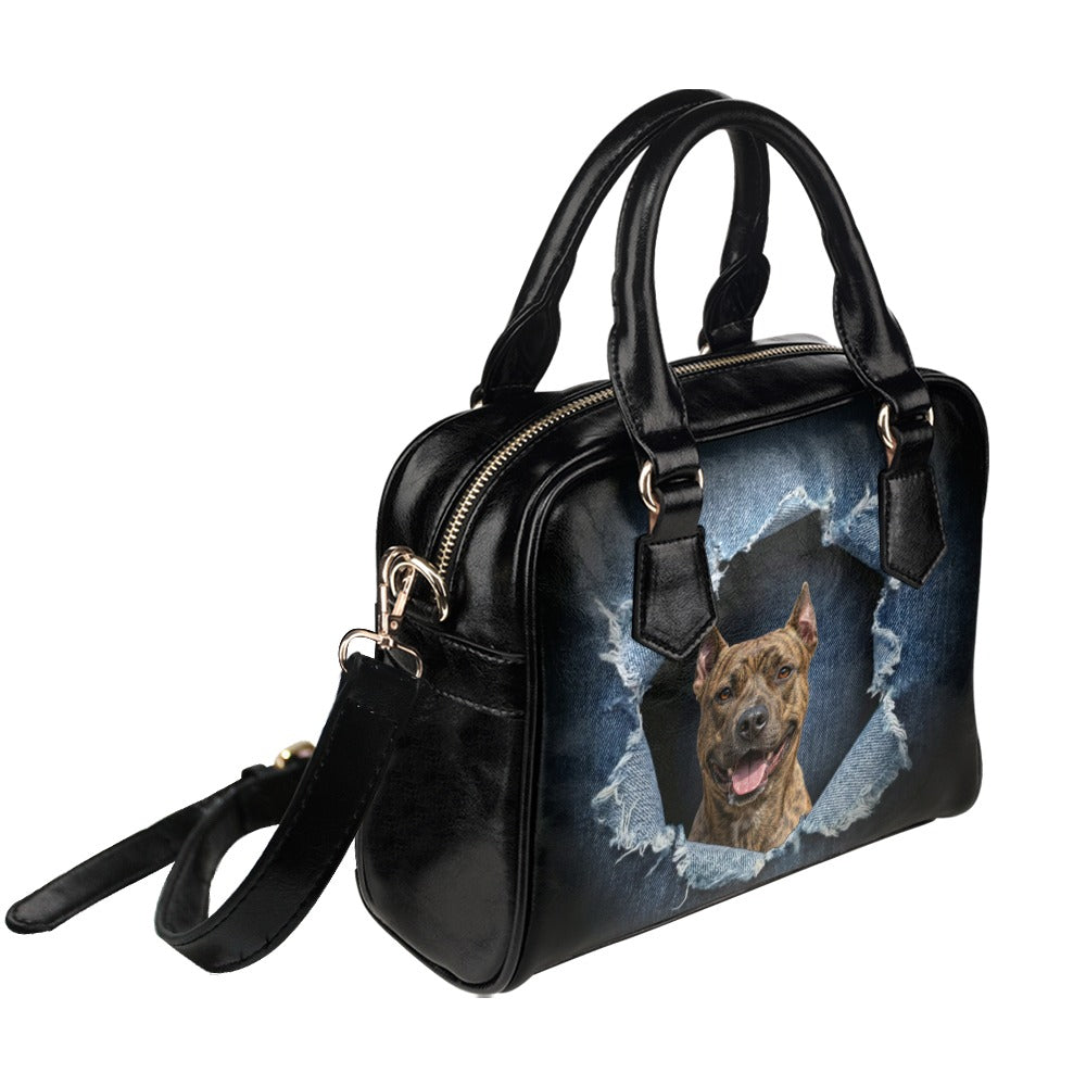 American Pit Bull Terrier Ripped Denim Print Shoulder Handbag
