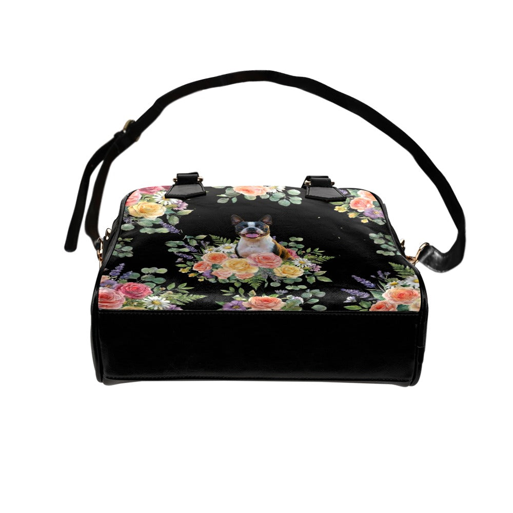 Boston Terrier Flower Shoulder Handbag
