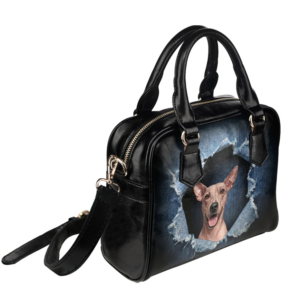 American Hairless Terrier Ripped Denim Print Shoulder Handbag