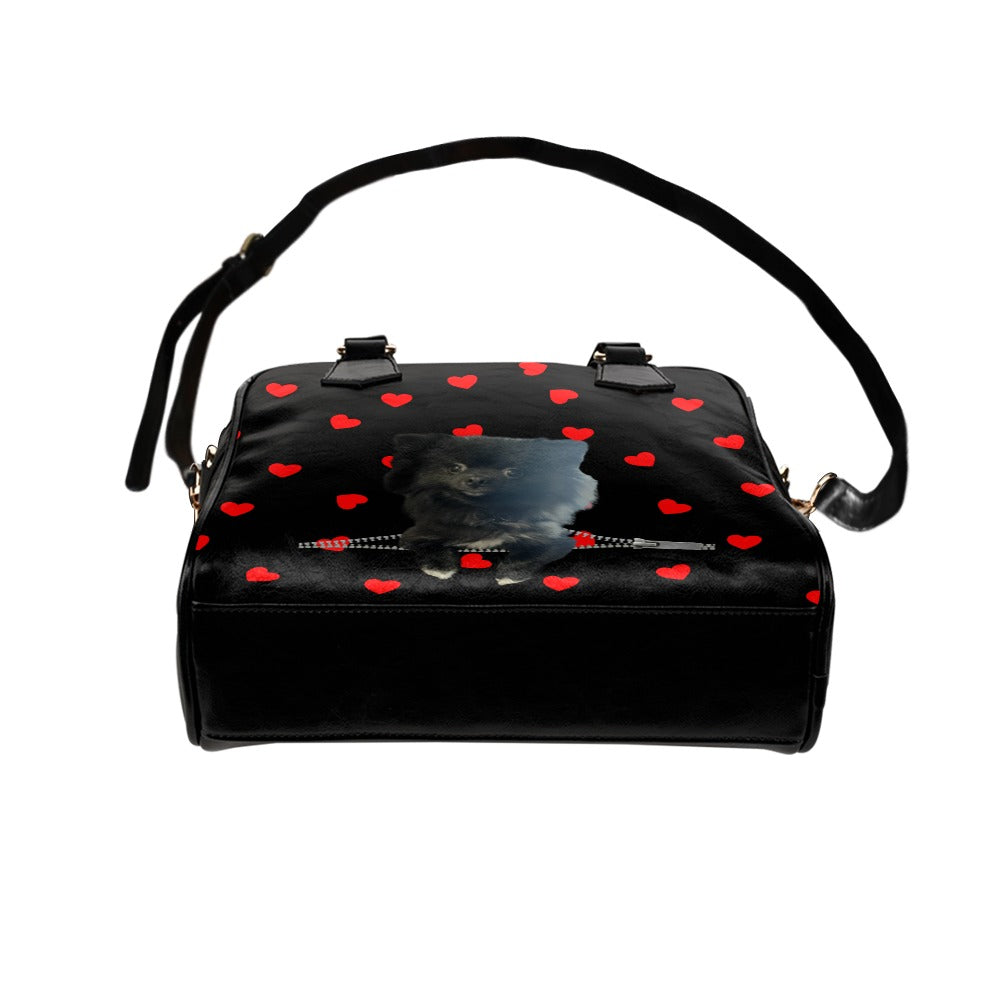 Black Pomeranian Zip Hearts Red Shoulder Handbag