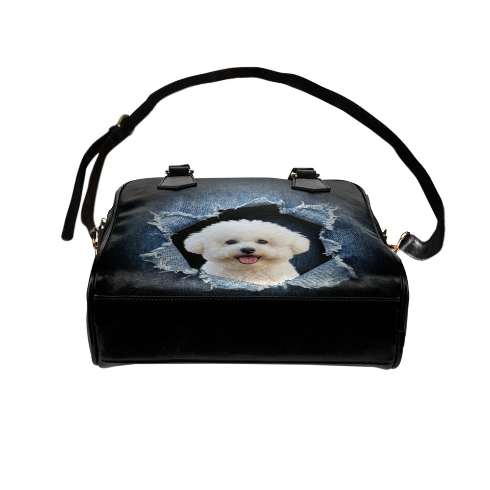 Bichon Frise Ripped Denim Print Shoulder Handbag