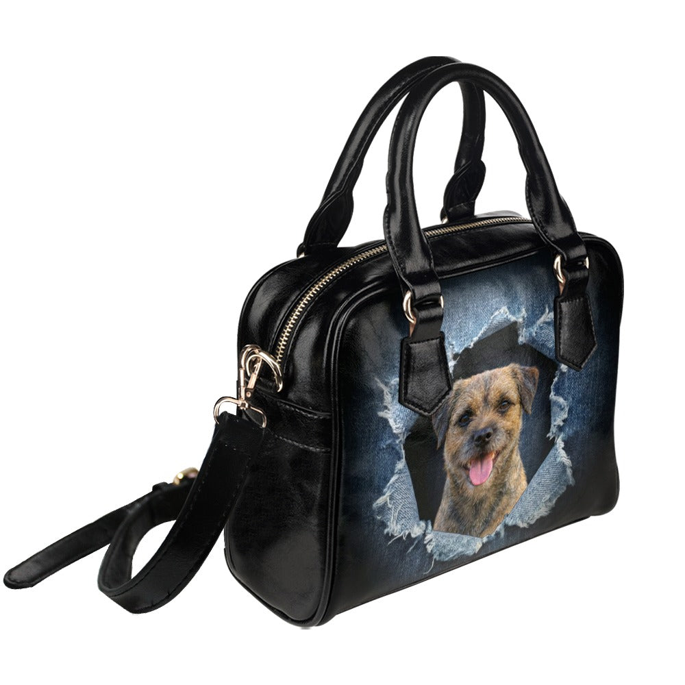 Border Terrier Ripped Denim Print Shoulder Handbag