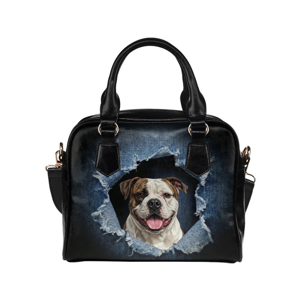 American Bulldog Ripped Denim Print Shoulder Handbag
