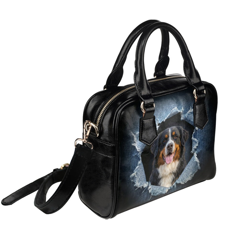 Bernese Mountain Dog Ripped Denim Print Shoulder Handbag