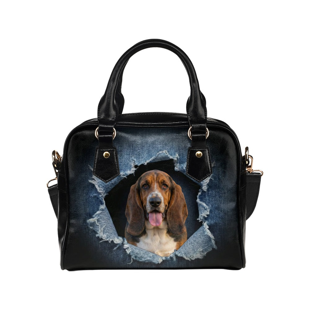 Basset Hound Ripped Denim Print Shoulder Handbag