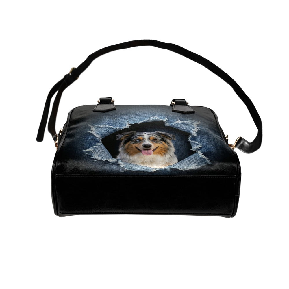 Australian Shepherd Ripped Denim Print Shoulder Handbag