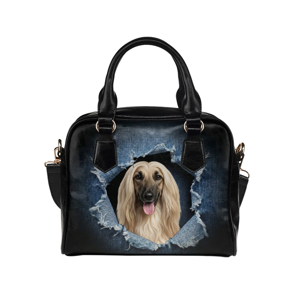 Afghan Hound Ripped Denim Print Shoulder Handbag