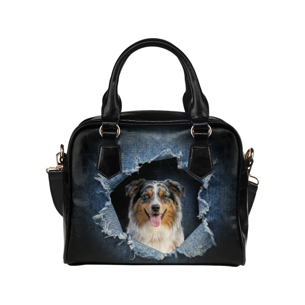 Australian Shepherd Ripped Denim Print Shoulder Handbag
