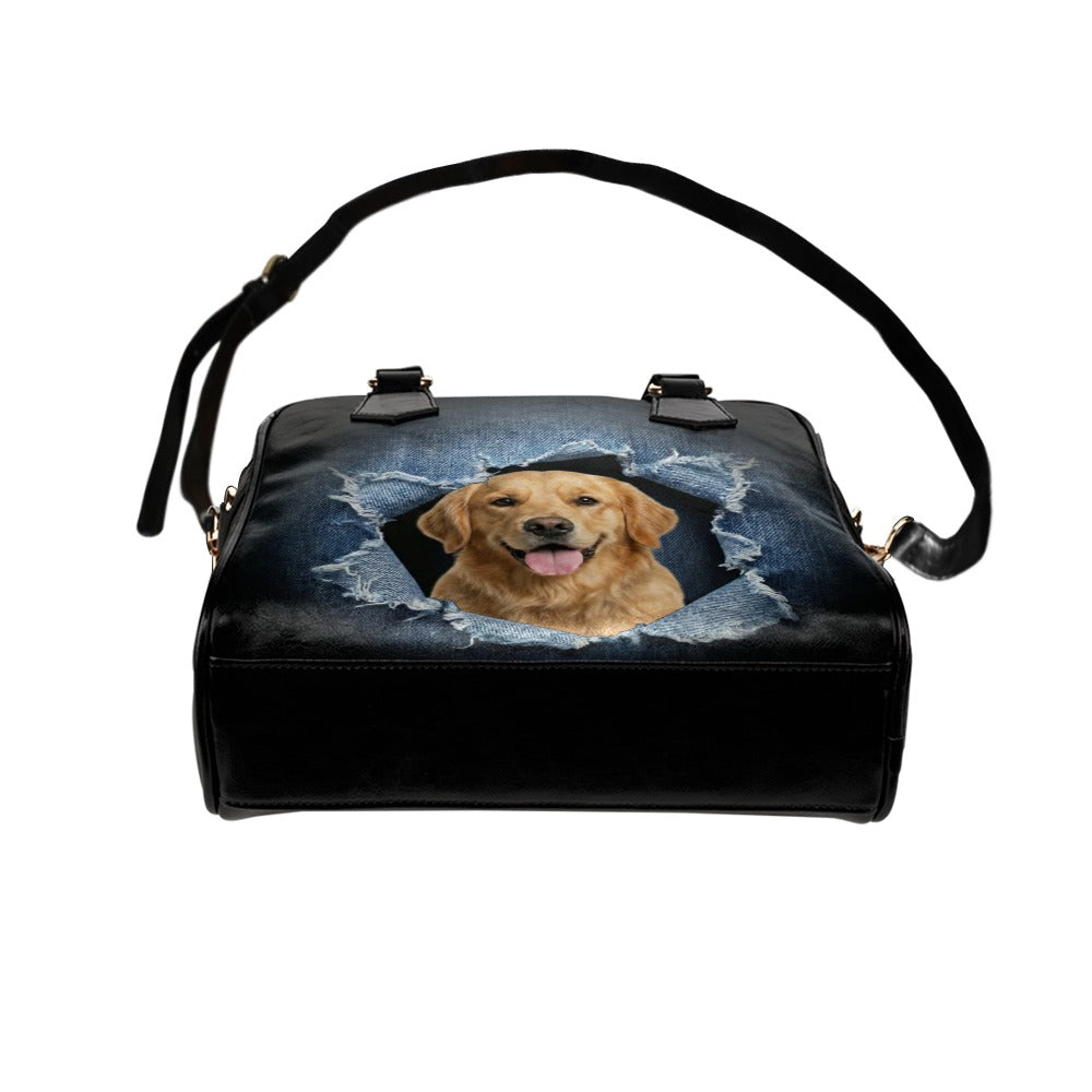 Golden Retriever Ripped Denim Print Shoulder Handbag
