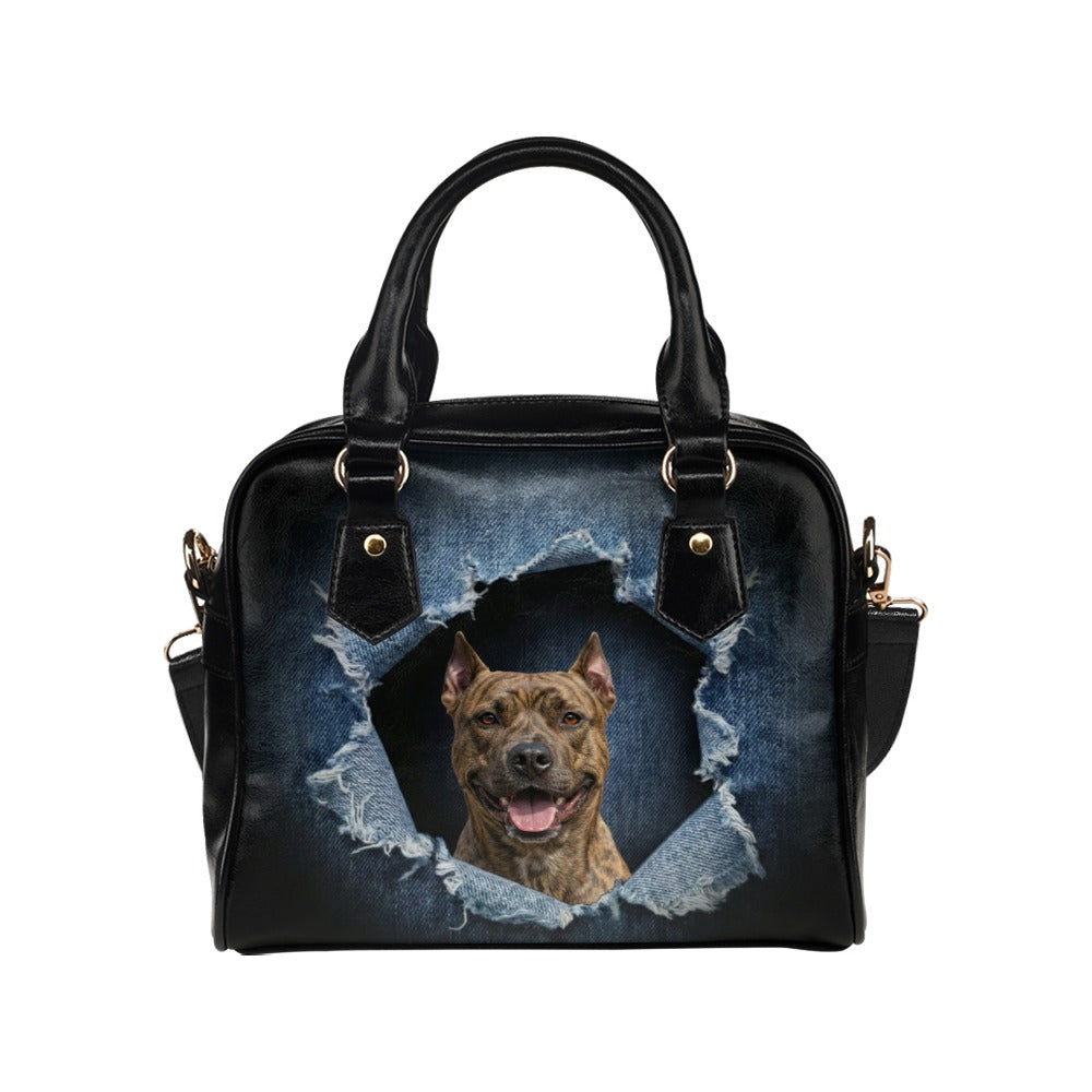 American Pit Bull Terrier Ripped Denim Print Shoulder Handbag