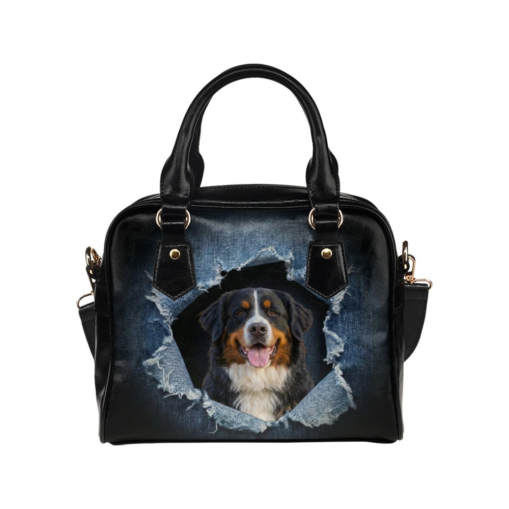 Bernese Mountain Dog Ripped Denim Print Shoulder Handbag