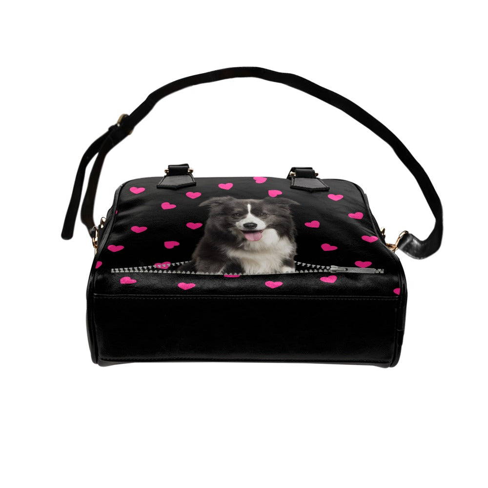 Border Collie Zip Hearts Shoulder Handbag
