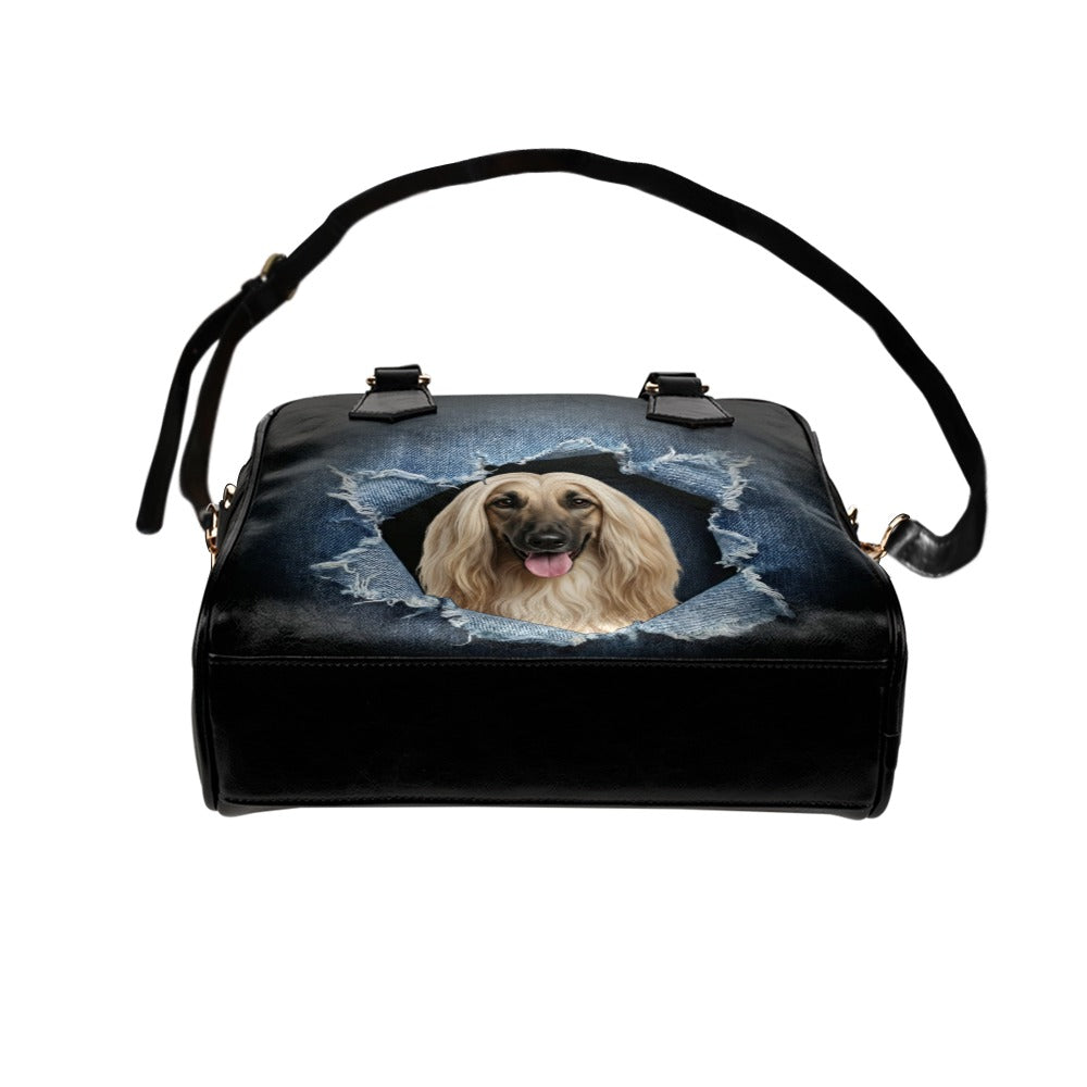 Afghan Hound Ripped Denim Print Shoulder Handbag
